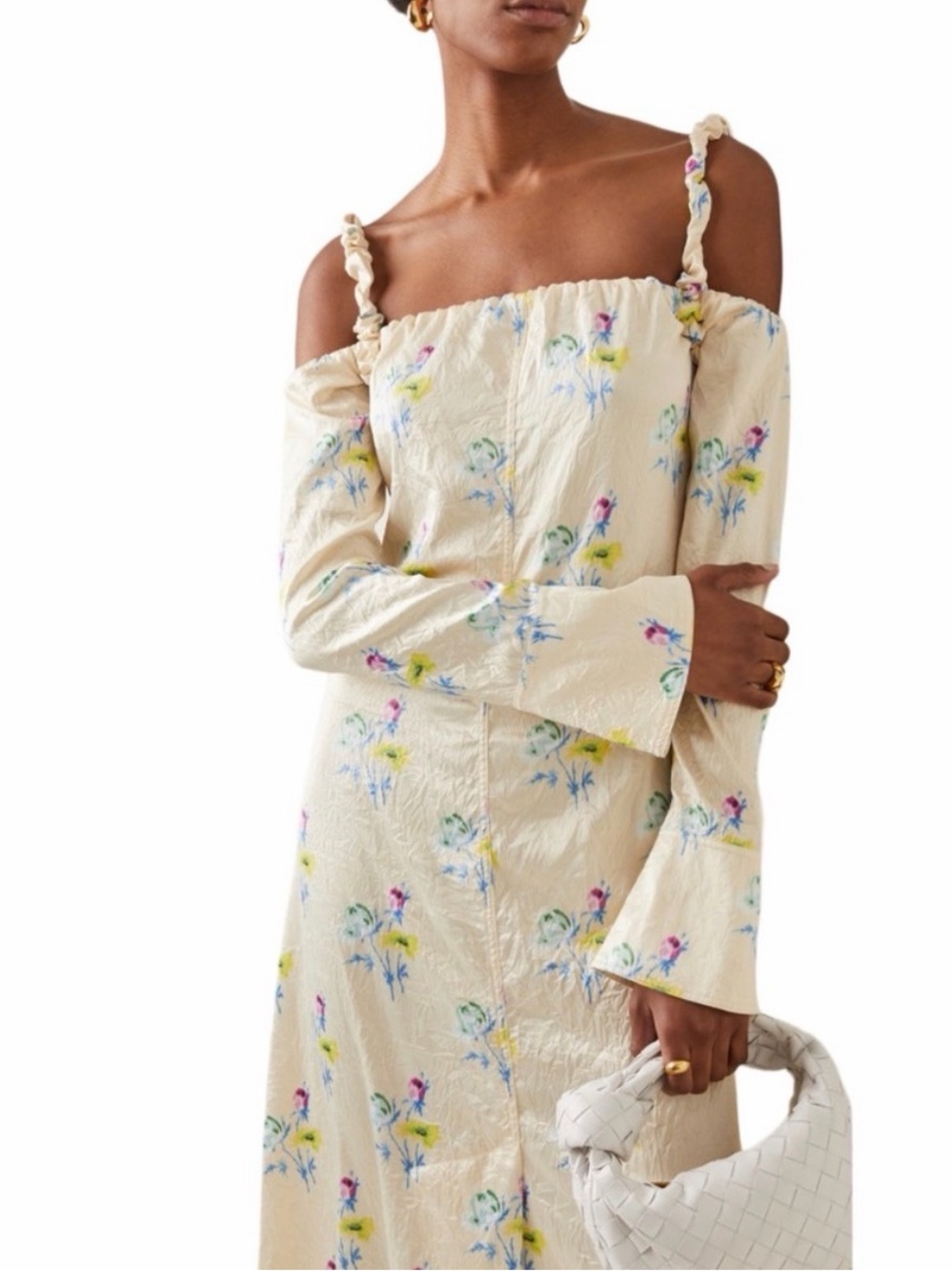 Ganni Floral Satin Off-The-Shoulder Maxi Dress Size XS